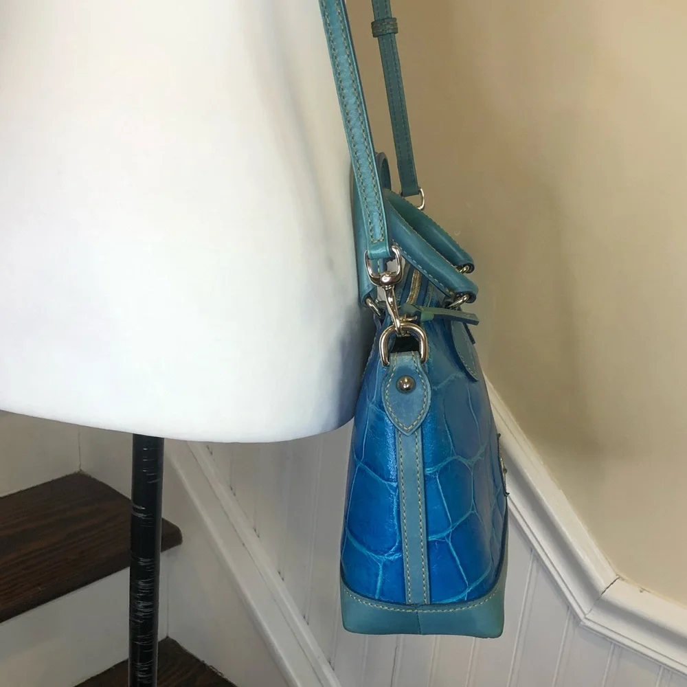 DOONEY BOURKE Electric Blue Croc Embossed Leather Top Handle Crossbody Bag